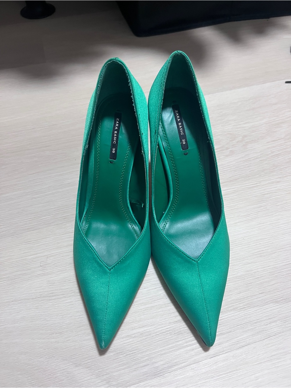 Zara Emerald Pointed-Toe Satin Pumps